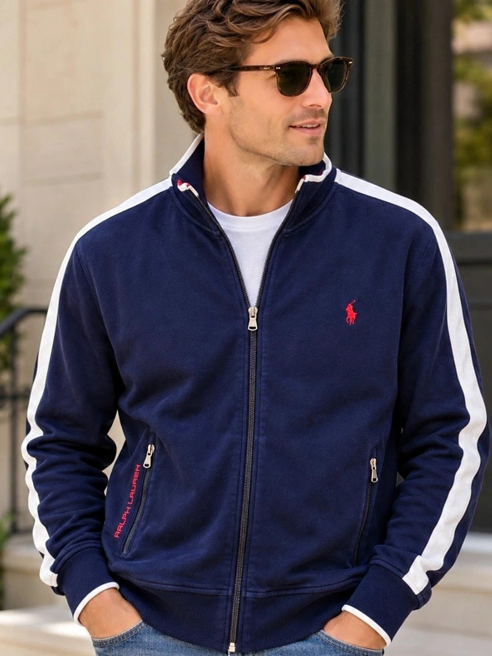 Polo Ralph Lauren Men L Navy Track Jacket White Stripe Red Pony Preppy